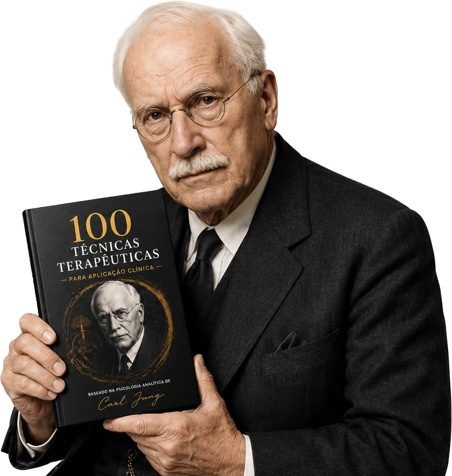 Carl Jung segurando o livro 100 Técnicas Terapêuticas para Aplicação Clínica