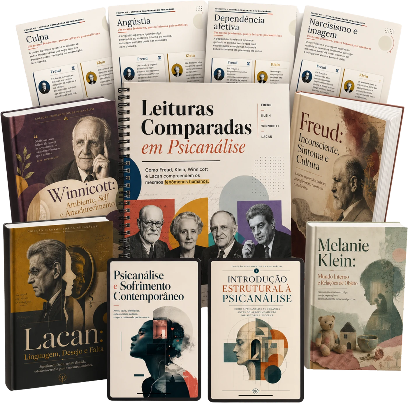 Coletânea Fundamentos da Psicanálise, os sete volumes, o volume de Leituras Comparadas e as páginas comparadas de Freud, Klein, Winnicott e Lacan