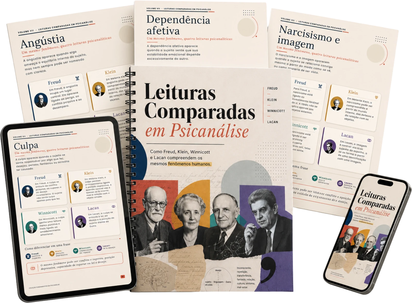 Volume I, Leituras Comparadas em Psicanálise: caderno, tablet e celular mostrando os fenômenos lidos por Freud, Klein, Winnicott e Lacan
